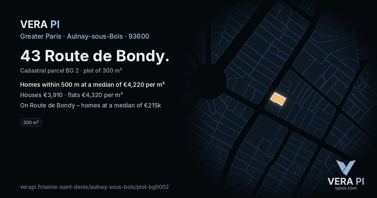 43 Route de Bondy, Aulnay-sous-Bois at night – the plot lit, the parcels around coloured by the prices near them