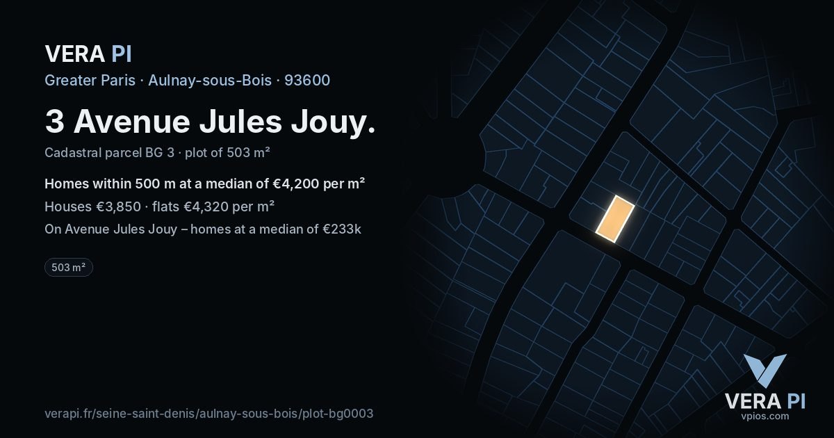 3 Avenue Jules Jouy, Aulnay-sous-Bois at night – the plot lit, the parcels around coloured by the prices near them