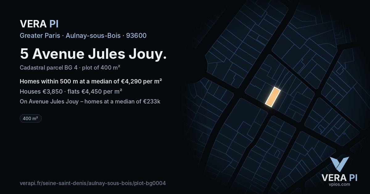 5 Avenue Jules Jouy, Aulnay-sous-Bois at night – the plot lit, the parcels around coloured by the prices near them