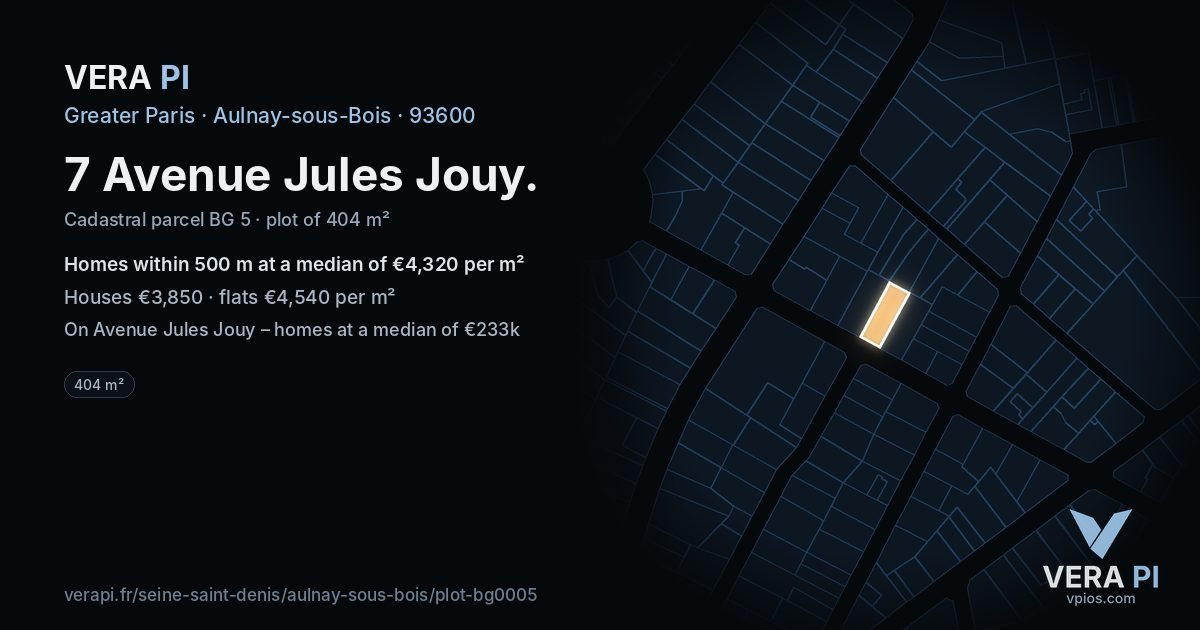 7 Avenue Jules Jouy, Aulnay-sous-Bois at night – the plot lit, the parcels around coloured by the prices near them