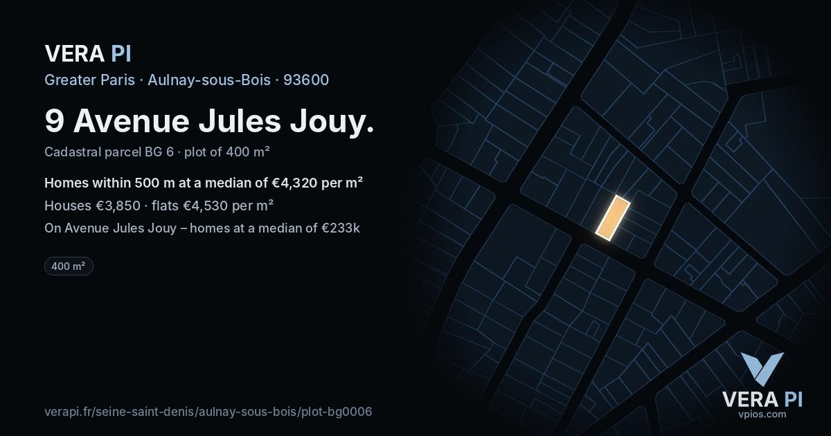 9 Avenue Jules Jouy, Aulnay-sous-Bois at night – the plot lit, the parcels around coloured by the prices near them