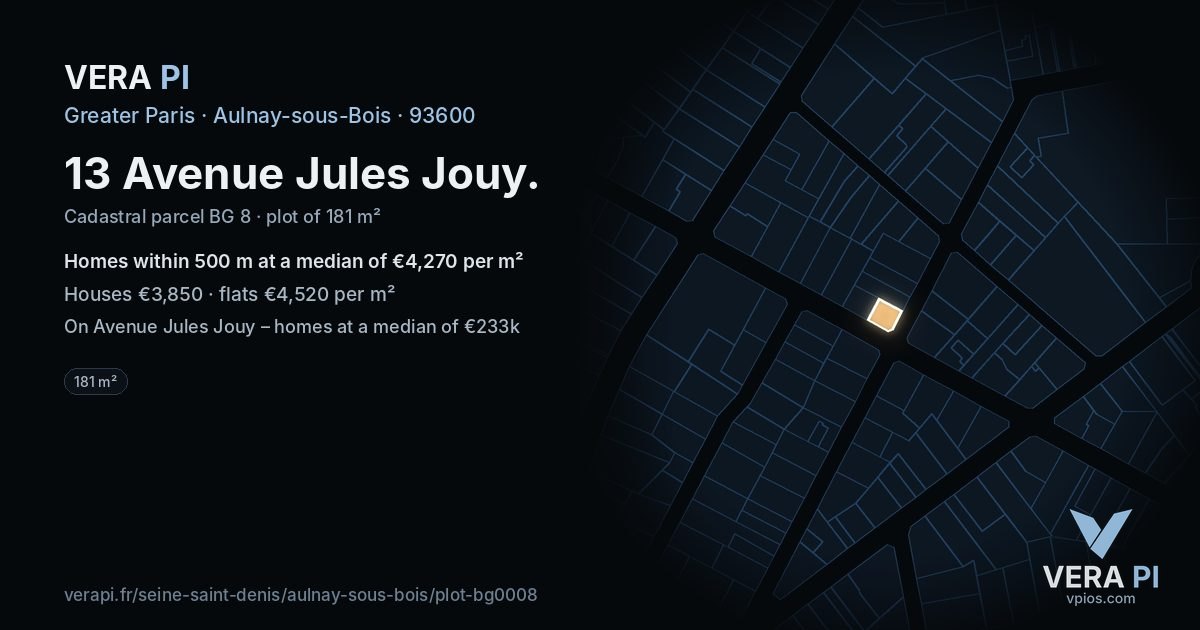 13 Avenue Jules Jouy, Aulnay-sous-Bois at night – the plot lit, the parcels around coloured by the prices near them