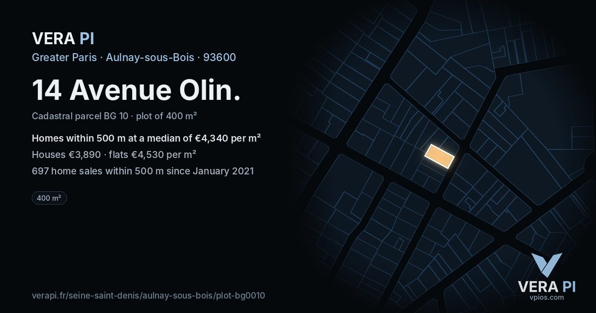 14 Avenue Olin, Aulnay-sous-Bois at night – the plot lit, the parcels around coloured by the prices near them