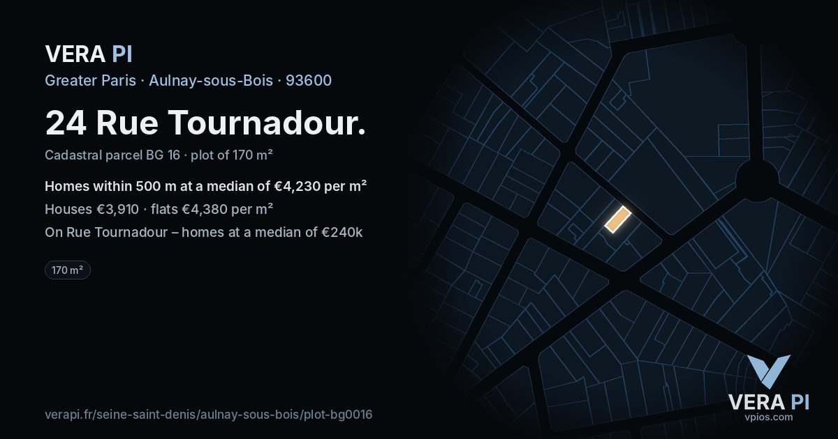 24 Rue Tournadour, Aulnay-sous-Bois at night – the plot lit, the parcels around coloured by the prices near them