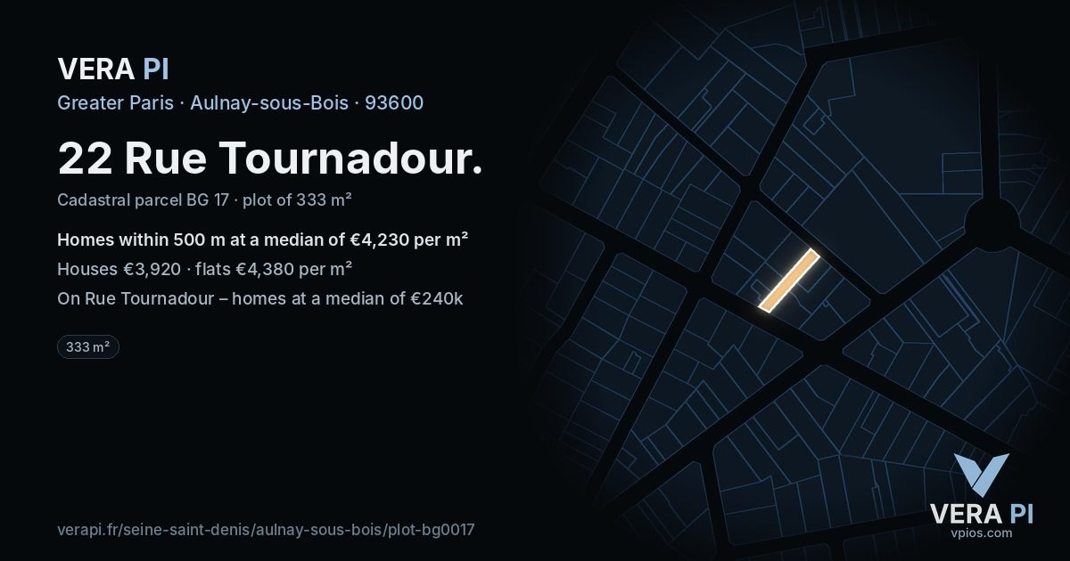 22 Rue Tournadour, Aulnay-sous-Bois at night – the plot lit, the parcels around coloured by the prices near them