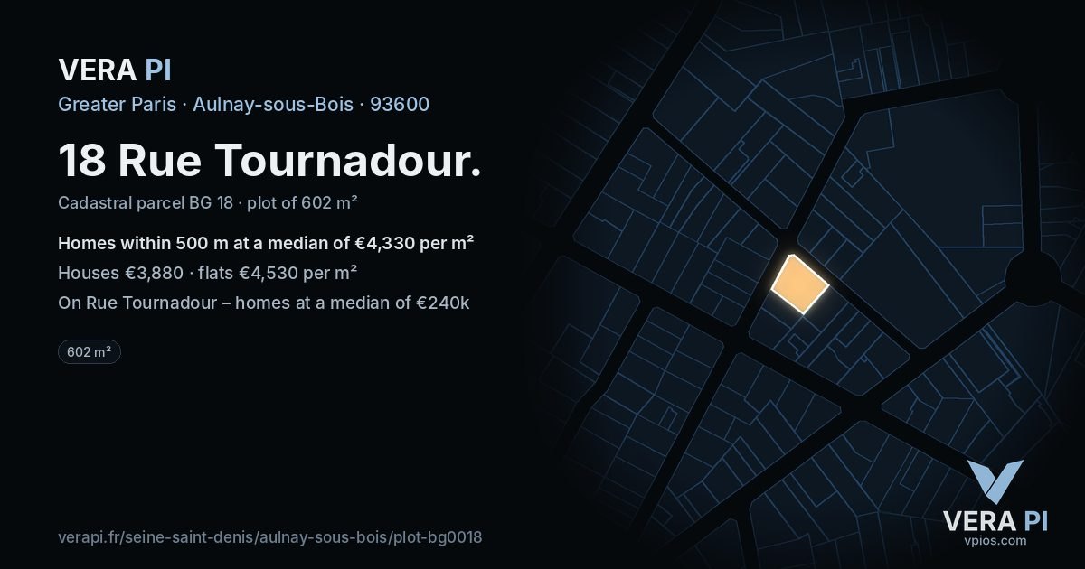 18 Rue Tournadour, Aulnay-sous-Bois at night – the plot lit, the parcels around coloured by the prices near them