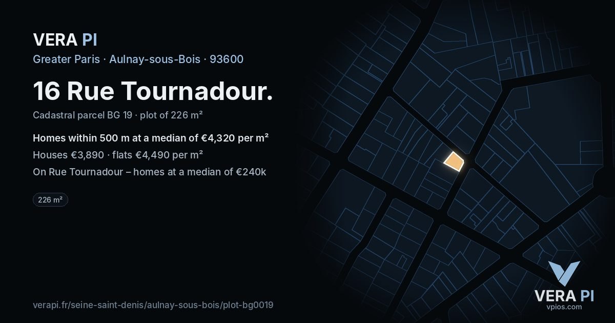 16 Rue Tournadour, Aulnay-sous-Bois at night – the plot lit, the parcels around coloured by the prices near them