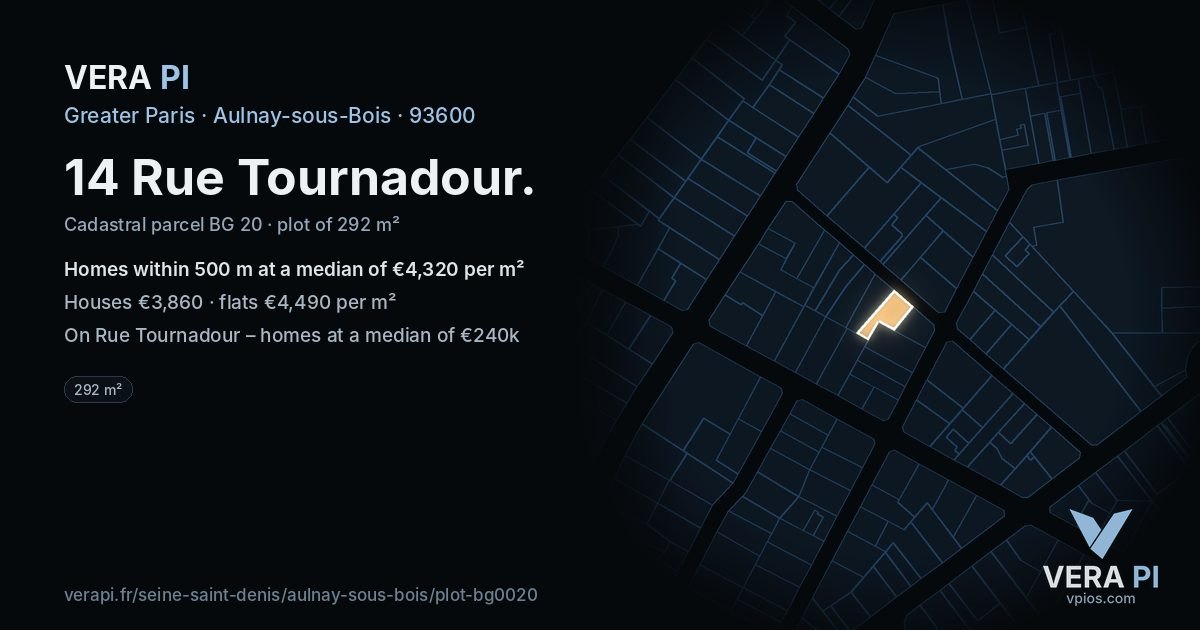 14 Rue Tournadour, Aulnay-sous-Bois at night – the plot lit, the parcels around coloured by the prices near them