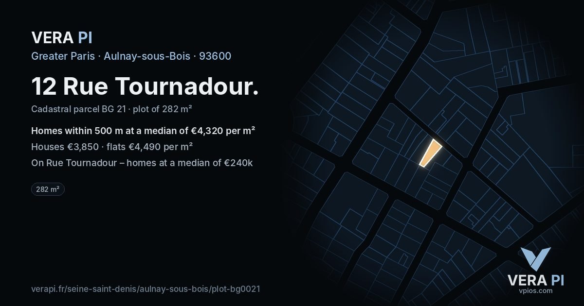 12 Rue Tournadour, Aulnay-sous-Bois at night – the plot lit, the parcels around coloured by the prices near them