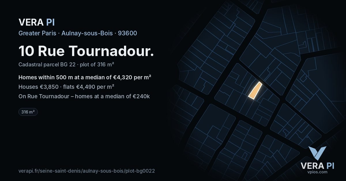 10 Rue Tournadour, Aulnay-sous-Bois at night – the plot lit, the parcels around coloured by the prices near them