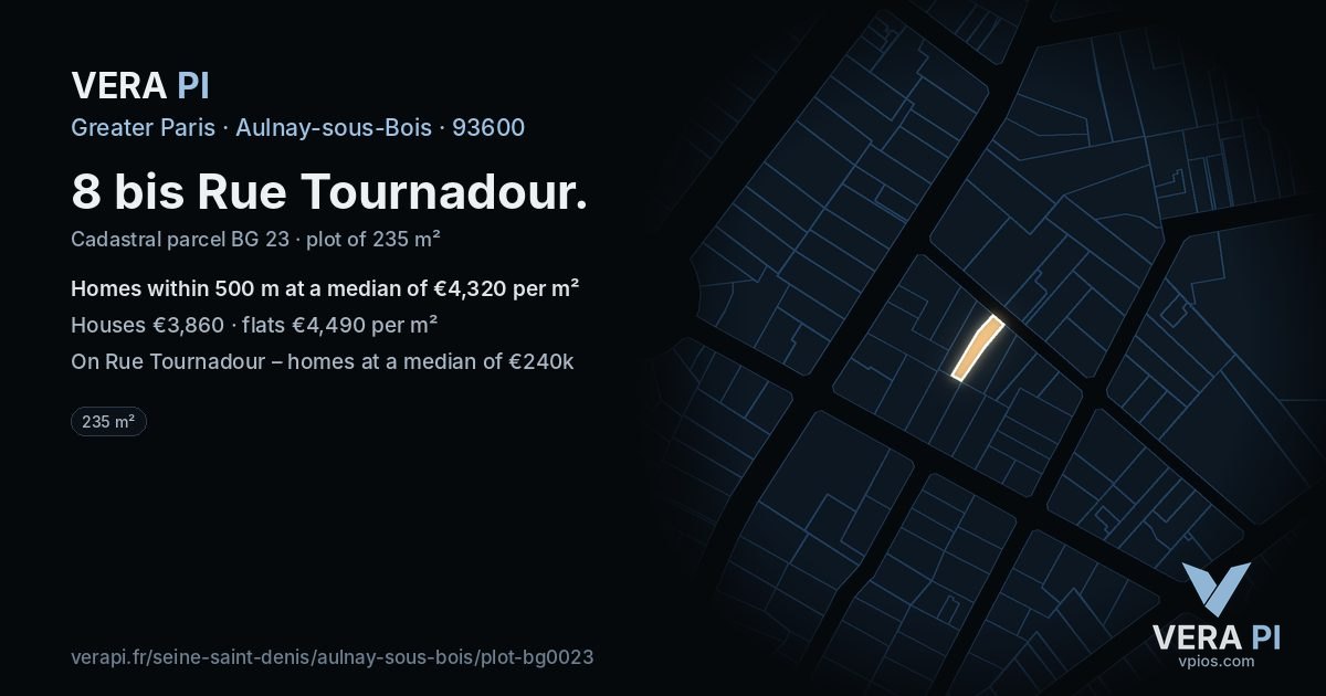 8 bis Rue Tournadour, Aulnay-sous-Bois at night – the plot lit, the parcels around coloured by the prices near them