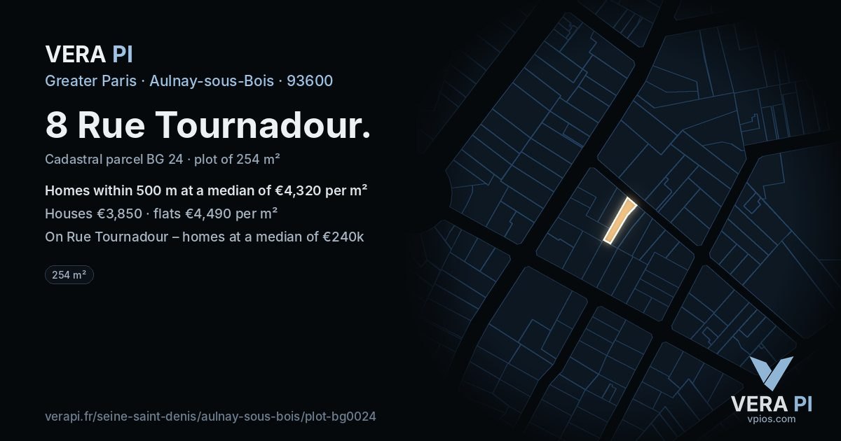 8 Rue Tournadour, Aulnay-sous-Bois at night – the plot lit, the parcels around coloured by the prices near them