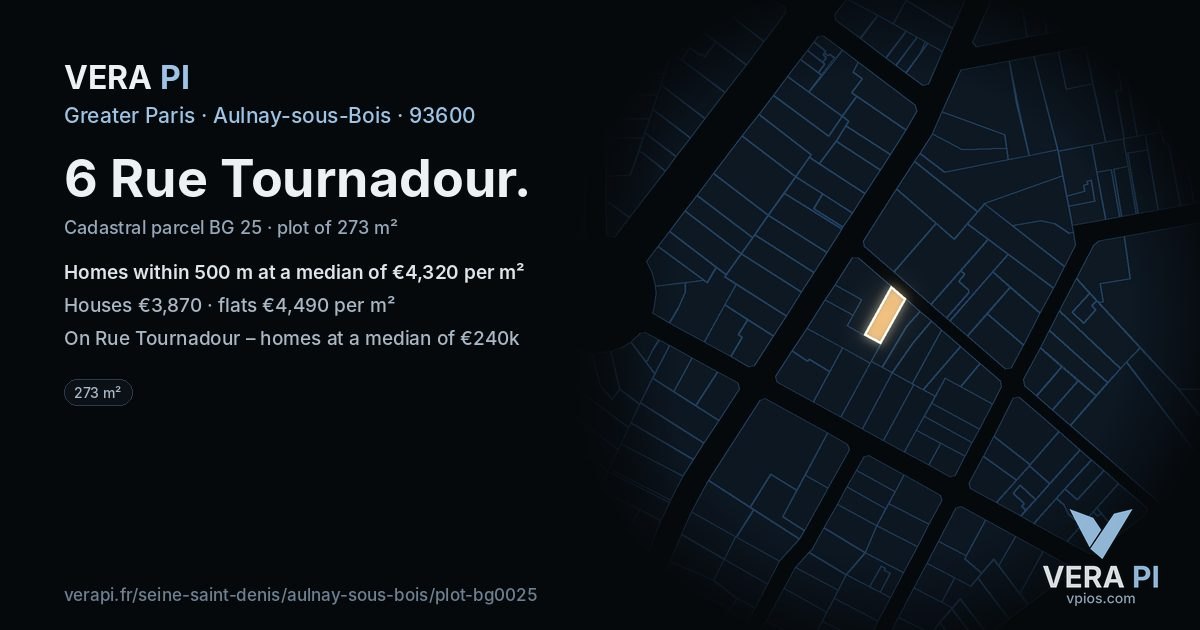 6 Rue Tournadour, Aulnay-sous-Bois at night – the plot lit, the parcels around coloured by the prices near them