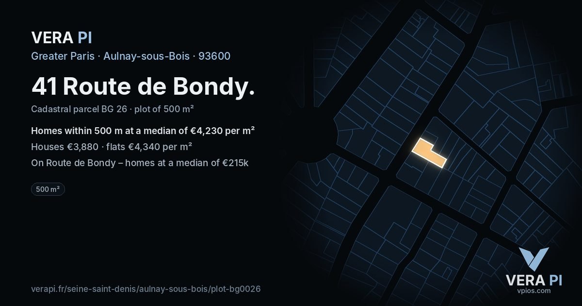 41 Route de Bondy, Aulnay-sous-Bois at night – the plot lit, the parcels around coloured by the prices near them