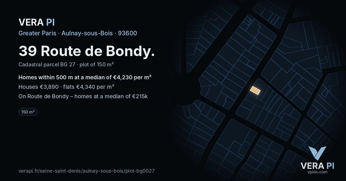 39 Route de Bondy, Aulnay-sous-Bois at night – the plot lit, the parcels around coloured by the prices near them