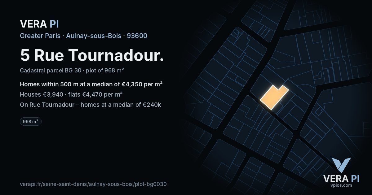 5 Rue Tournadour, Aulnay-sous-Bois at night – the plot lit, the parcels around coloured by the prices near them