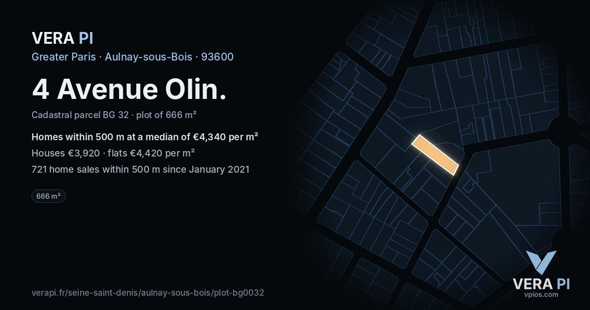 4 Avenue Olin, Aulnay-sous-Bois at night – the plot lit, the parcels around coloured by the prices near them