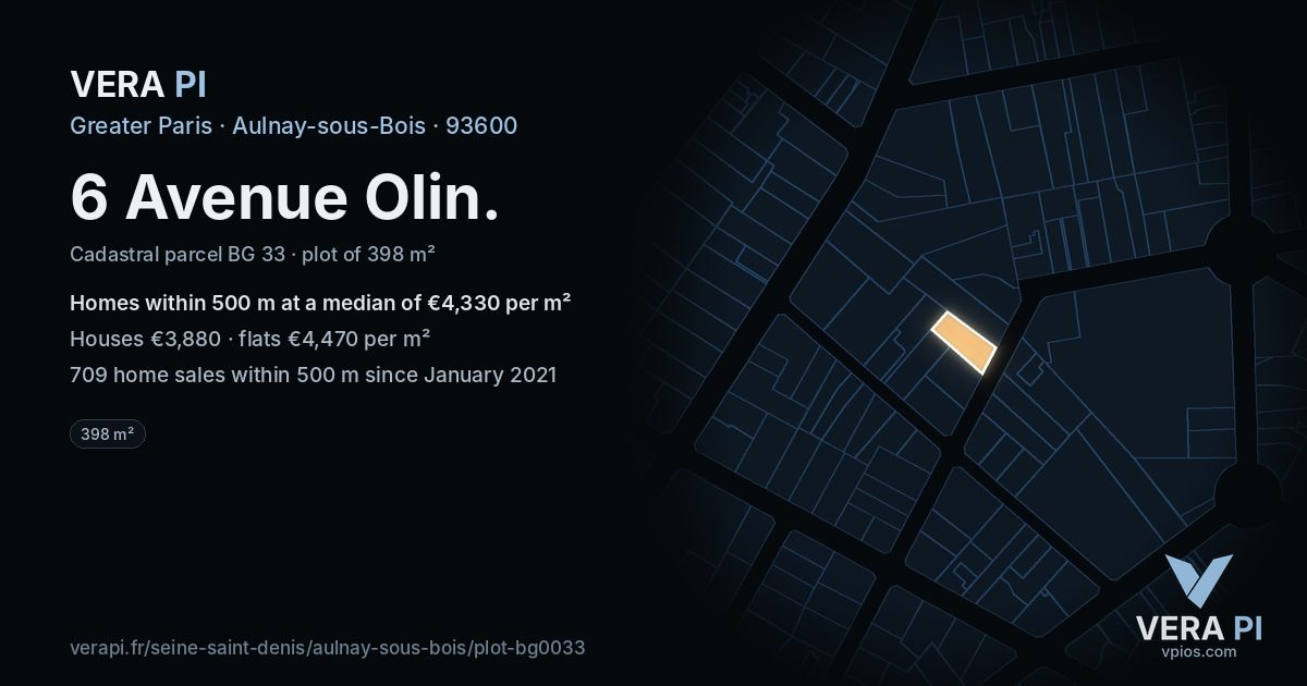 6 Avenue Olin, Aulnay-sous-Bois at night – the plot lit, the parcels around coloured by the prices near them