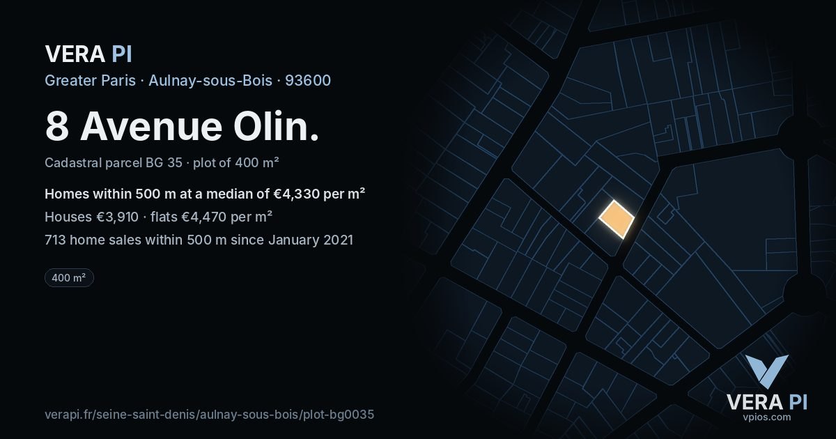 8 Avenue Olin, Aulnay-sous-Bois at night – the plot lit, the parcels around coloured by the prices near them