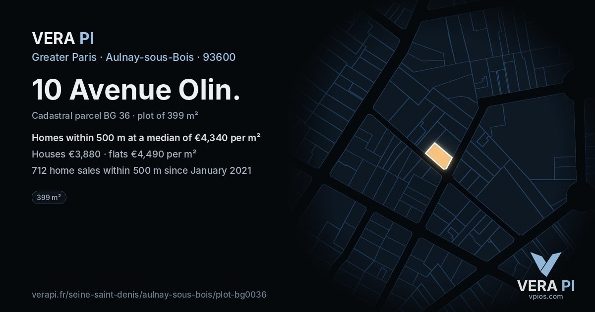 10 Avenue Olin, Aulnay-sous-Bois at night – the plot lit, the parcels around coloured by the prices near them
