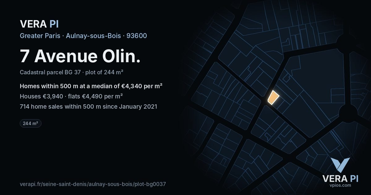 7 Avenue Olin, Aulnay-sous-Bois at night – the plot lit, the parcels around coloured by the prices near them