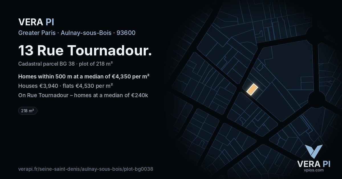 13 Rue Tournadour, Aulnay-sous-Bois at night – the plot lit, the parcels around coloured by the prices near them