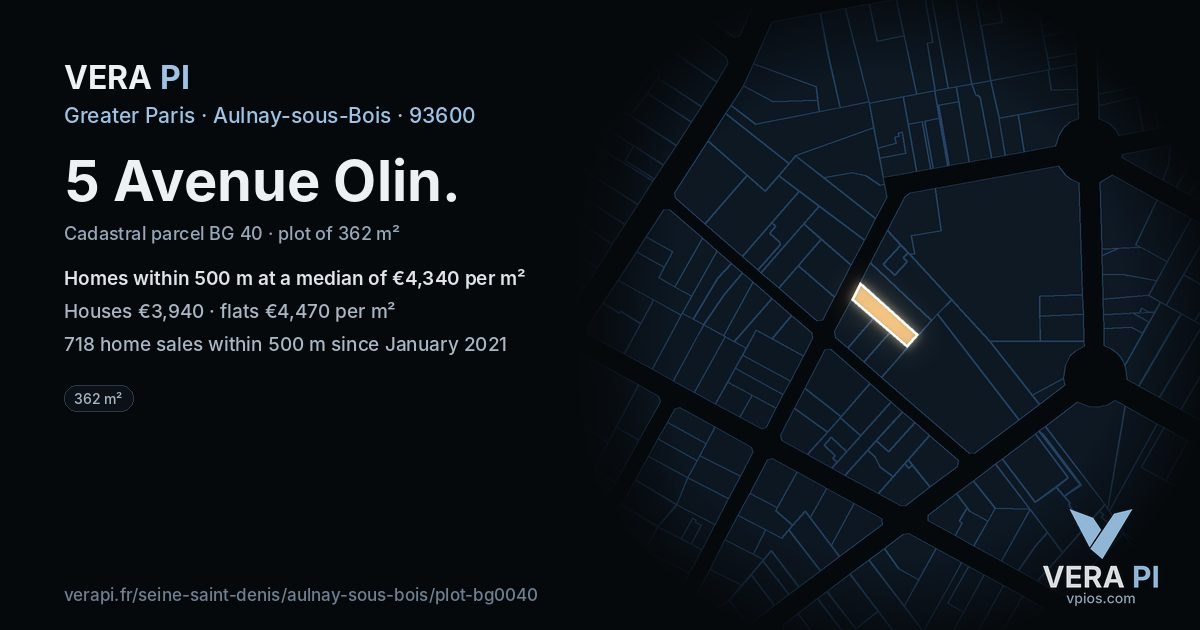 5 Avenue Olin, Aulnay-sous-Bois at night – the plot lit, the parcels around coloured by the prices near them