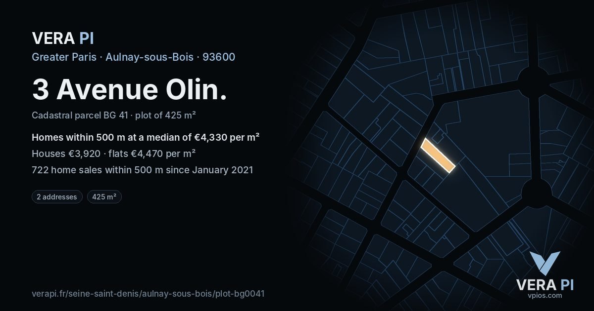 3 Avenue Olin, Aulnay-sous-Bois at night – the plot lit, the parcels around coloured by the prices near them