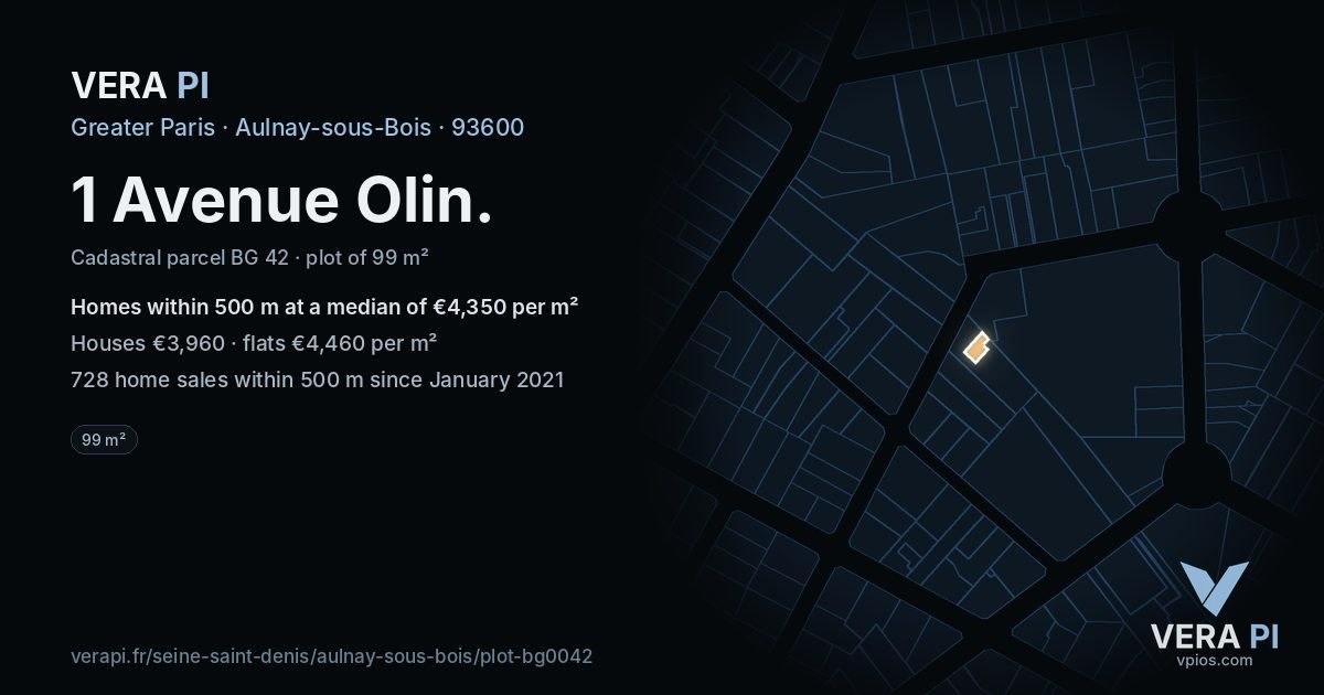 1 Avenue Olin, Aulnay-sous-Bois at night – the plot lit, the parcels around coloured by the prices near them