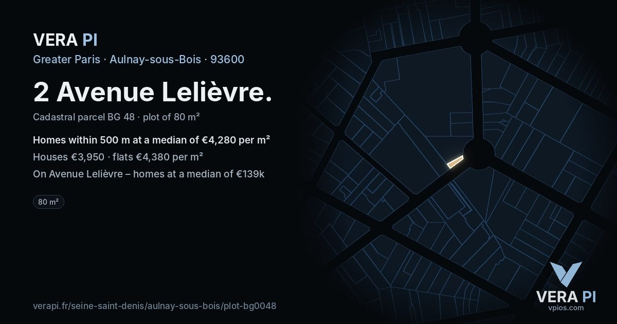 2 Avenue Lelièvre, Aulnay-sous-Bois at night – the plot lit, the parcels around coloured by the prices near them