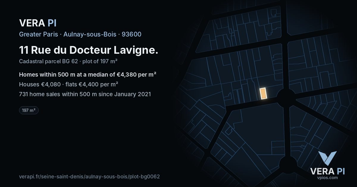 11 Rue du Docteur Lavigne, Aulnay-sous-Bois at night – the plot lit, the parcels around coloured by the prices near them