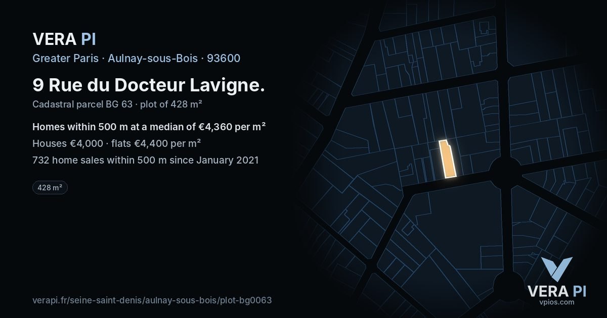 9 Rue du Docteur Lavigne, Aulnay-sous-Bois at night – the plot lit, the parcels around coloured by the prices near them