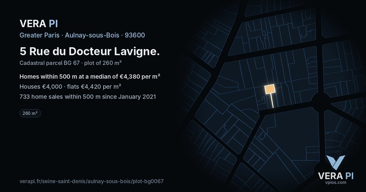 5 Rue du Docteur Lavigne, Aulnay-sous-Bois at night – the plot lit, the parcels around coloured by the prices near them
