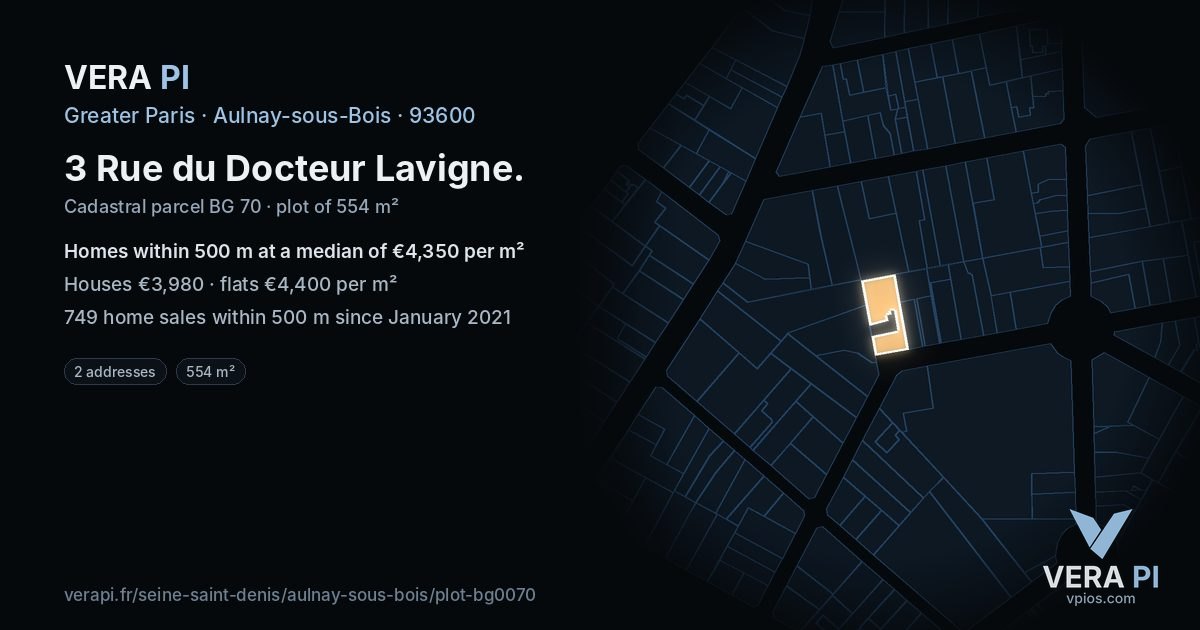 3 Rue du Docteur Lavigne, Aulnay-sous-Bois at night – the plot lit, the parcels around coloured by the prices near them
