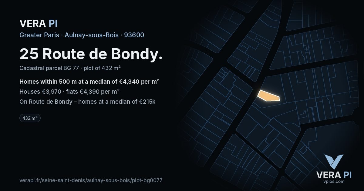 25 Route de Bondy, Aulnay-sous-Bois at night – the plot lit, the parcels around coloured by the prices near them
