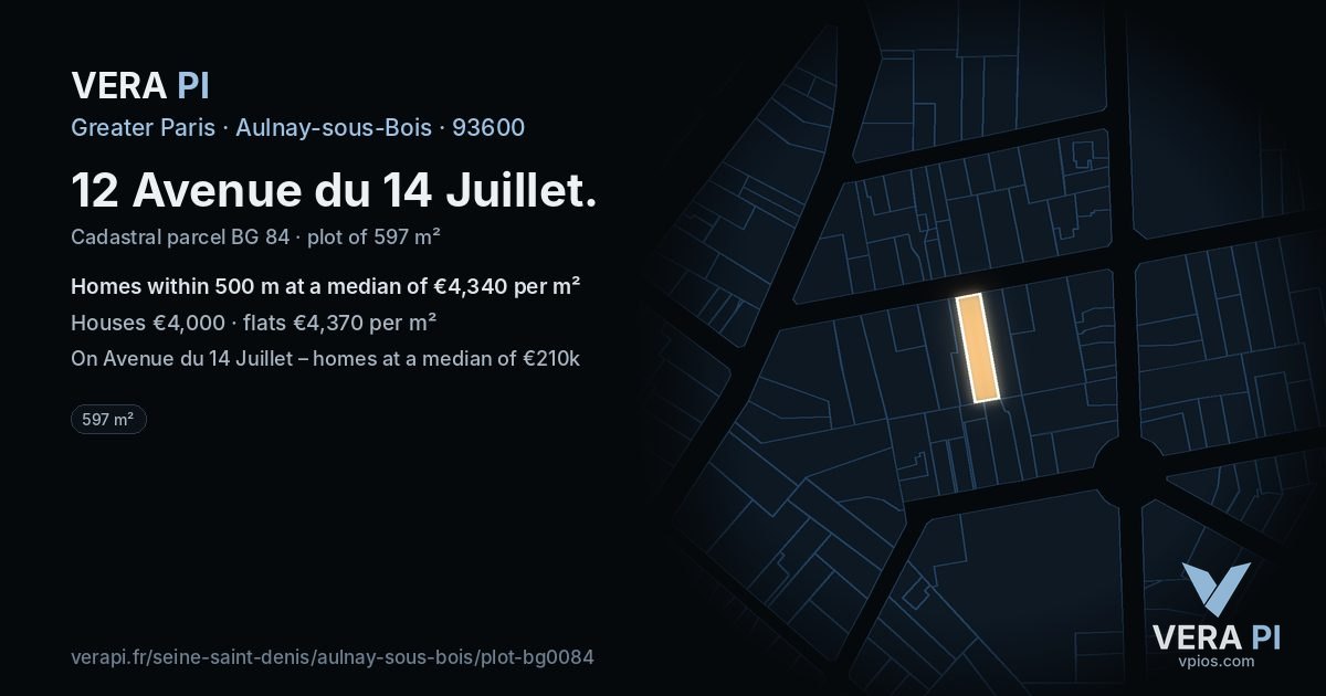 12 Avenue du 14 Juillet, Aulnay-sous-Bois at night – the plot lit, the parcels around coloured by the prices near them