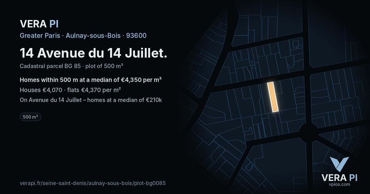 14 Avenue du 14 Juillet, Aulnay-sous-Bois at night – the plot lit, the parcels around coloured by the prices near them