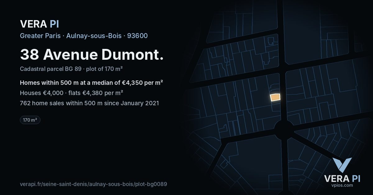 38 Avenue Dumont, Aulnay-sous-Bois at night – the plot lit, the parcels around coloured by the prices near them