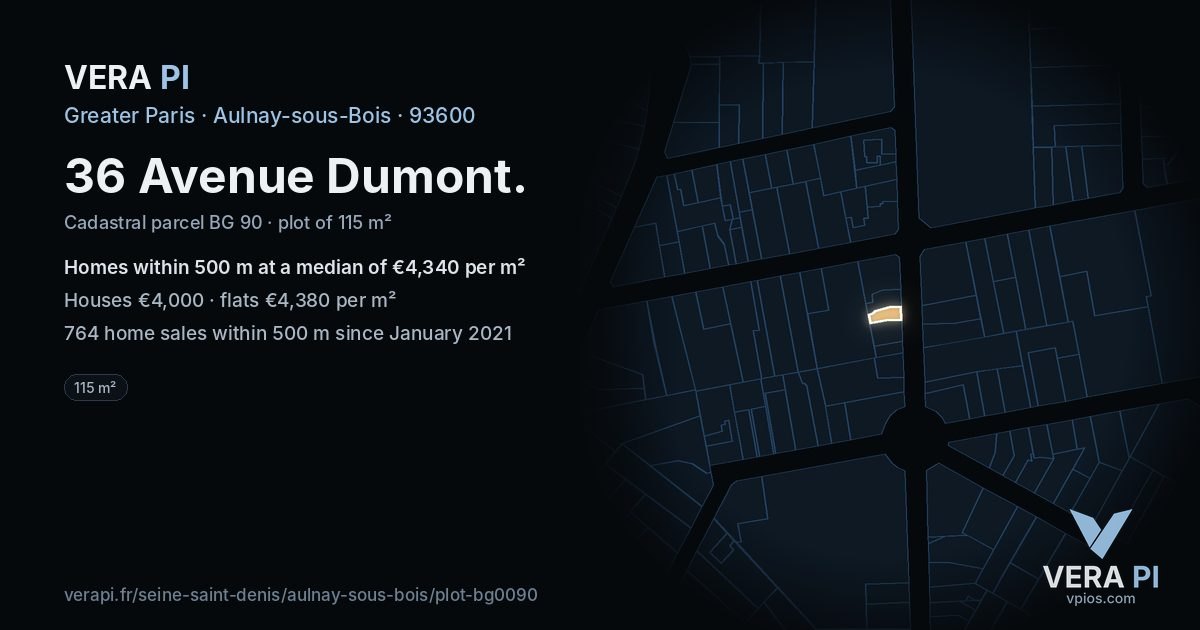 36 Avenue Dumont, Aulnay-sous-Bois at night – the plot lit, the parcels around coloured by the prices near them