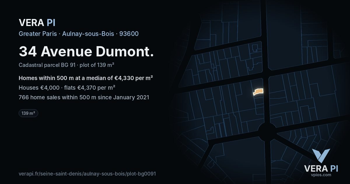34 Avenue Dumont, Aulnay-sous-Bois at night – the plot lit, the parcels around coloured by the prices near them