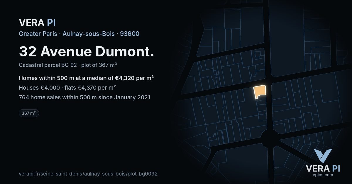 32 Avenue Dumont, Aulnay-sous-Bois at night – the plot lit, the parcels around coloured by the prices near them