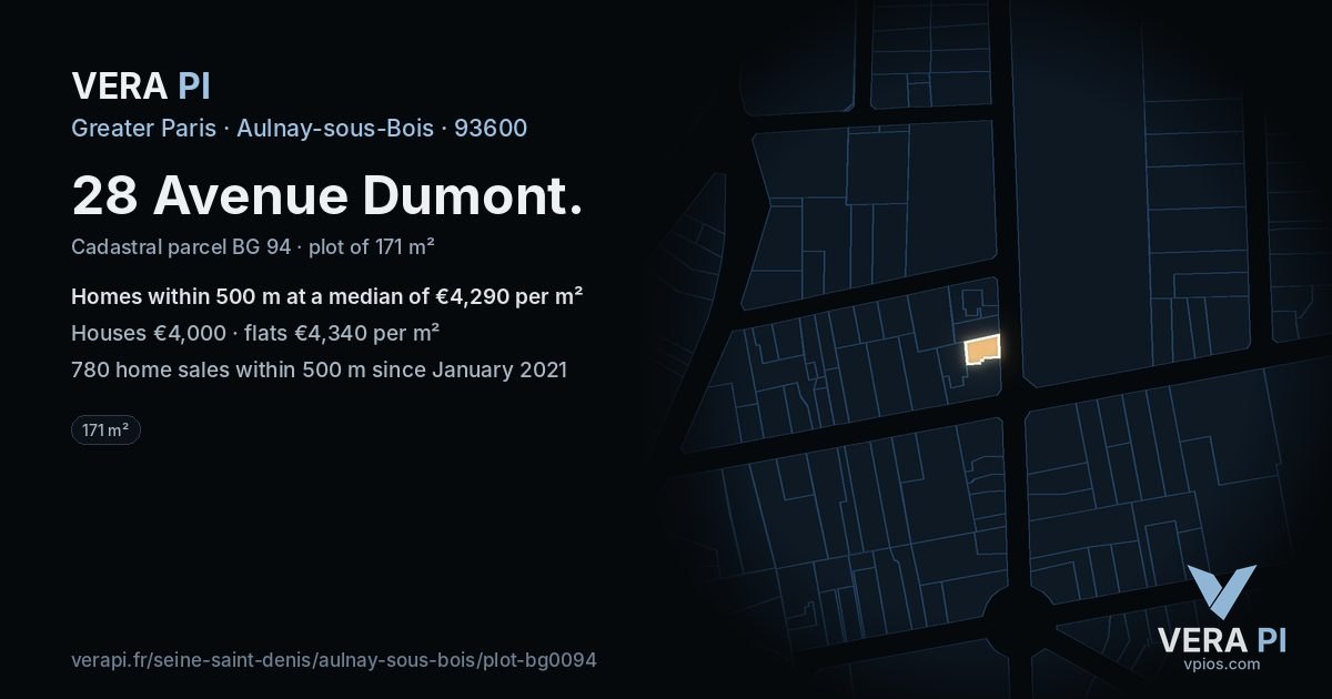 28 Avenue Dumont, Aulnay-sous-Bois at night – the plot lit, the parcels around coloured by the prices near them