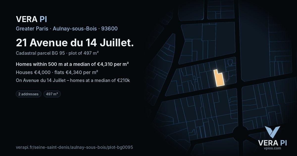 21 Avenue du 14 Juillet, Aulnay-sous-Bois at night – the plot lit, the parcels around coloured by the prices near them