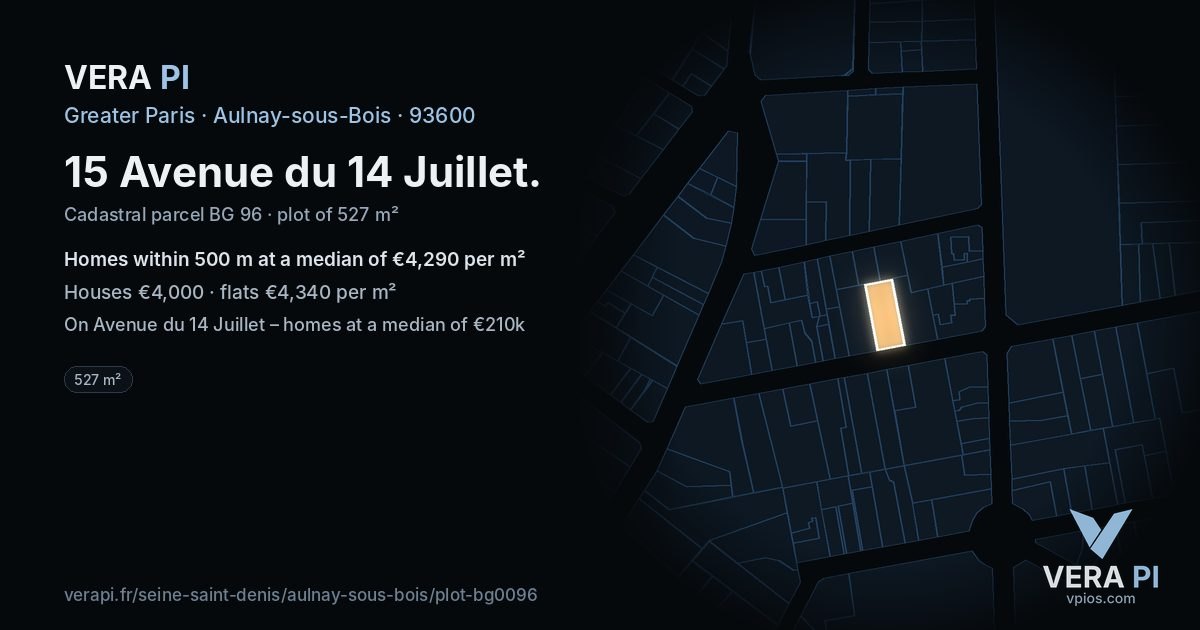 15 Avenue du 14 Juillet, Aulnay-sous-Bois at night – the plot lit, the parcels around coloured by the prices near them