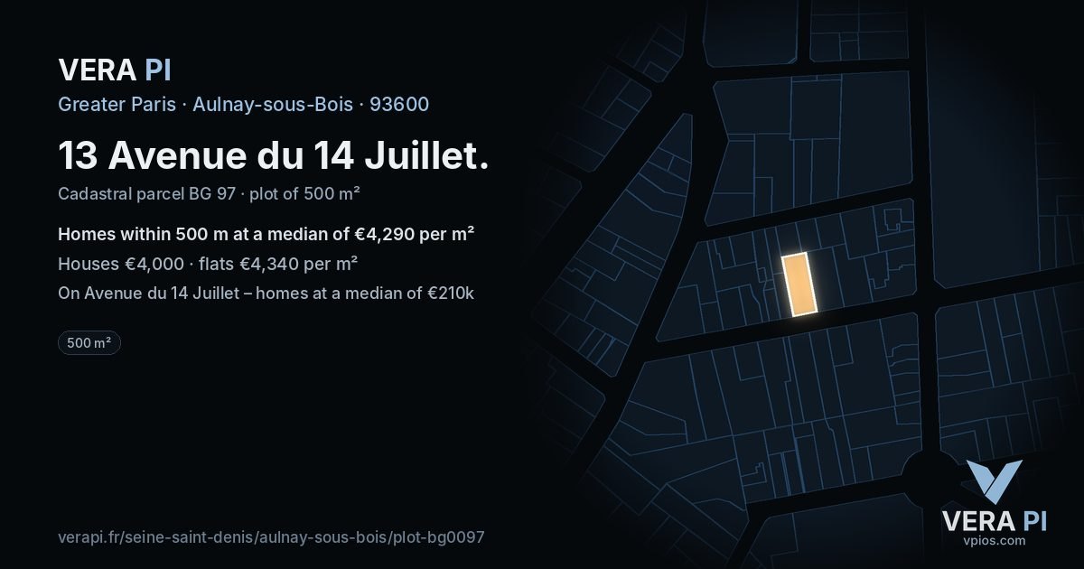 13 Avenue du 14 Juillet, Aulnay-sous-Bois at night – the plot lit, the parcels around coloured by the prices near them