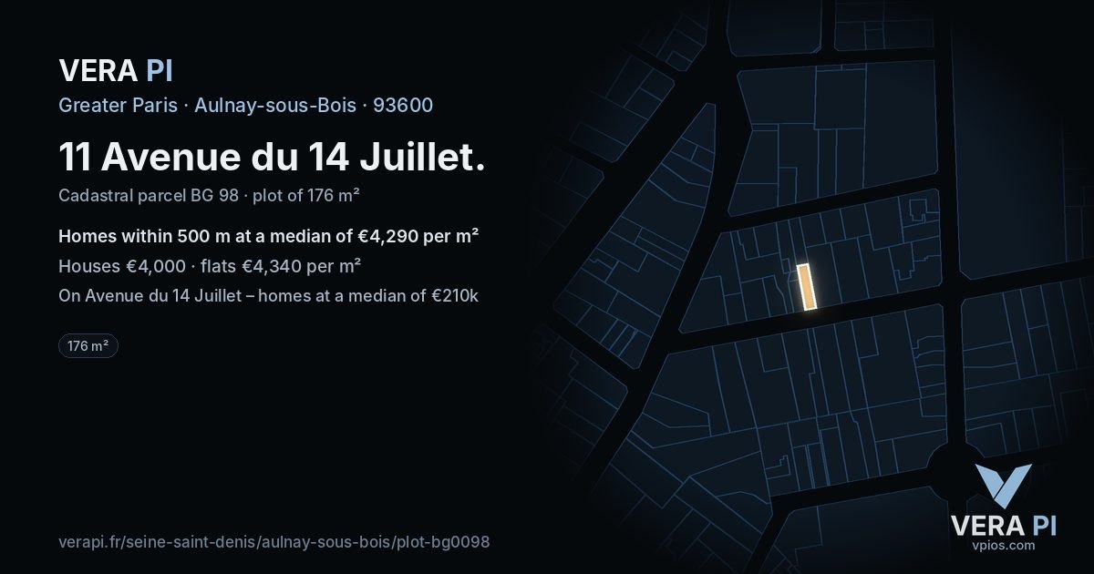 11 Avenue du 14 Juillet, Aulnay-sous-Bois at night – the plot lit, the parcels around coloured by the prices near them