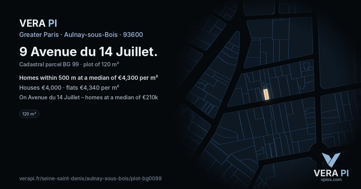 9 Avenue du 14 Juillet, Aulnay-sous-Bois at night – the plot lit, the parcels around coloured by the prices near them