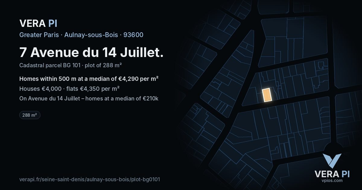 7 Avenue du 14 Juillet, Aulnay-sous-Bois at night – the plot lit, the parcels around coloured by the prices near them