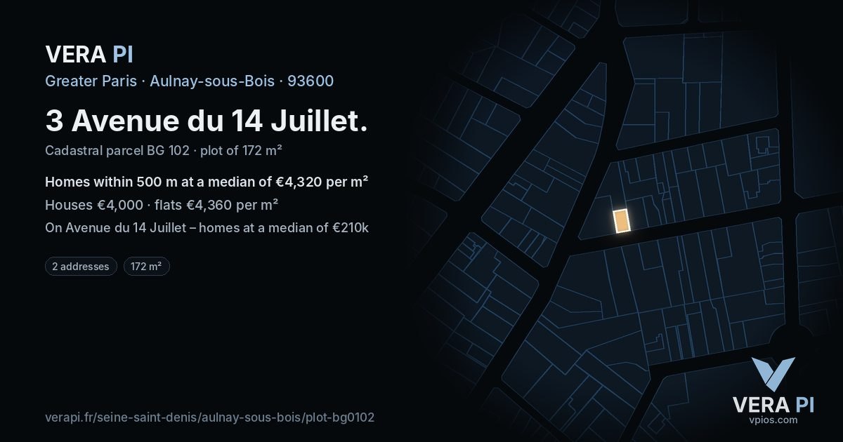 3 Avenue du 14 Juillet, Aulnay-sous-Bois at night – the plot lit, the parcels around coloured by the prices near them