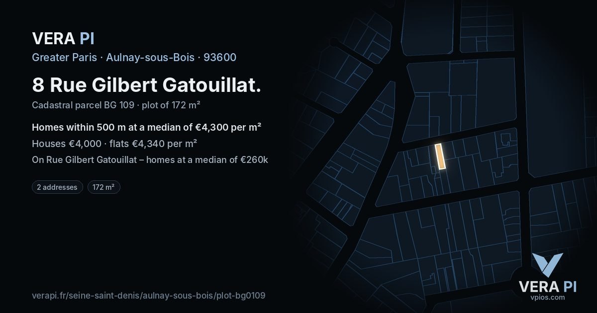 8 Rue Gilbert Gatouillat, Aulnay-sous-Bois at night – the plot lit, the parcels around coloured by the prices near them